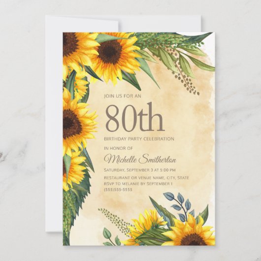 Rustic Yellow Sunflower 80th Birthday Kaart (Voorkant)