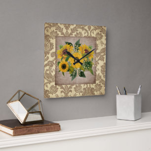 Rustic Yellow Sunflower Burlap  Damask Sq Vierkante Klok