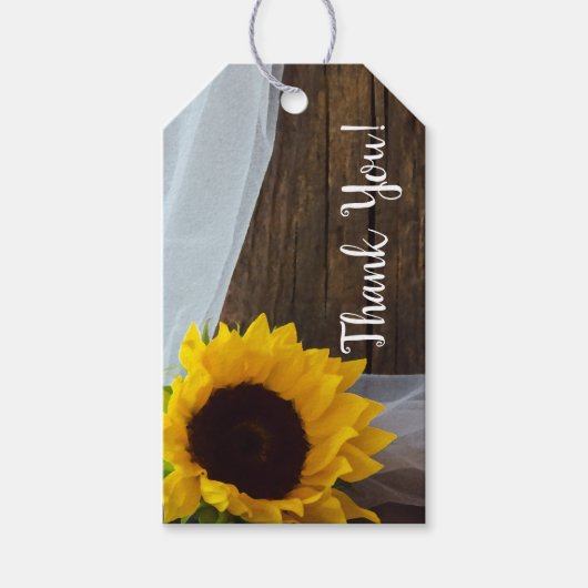 Rustic Yellow Sunflower en Barn Wood Wedding Cadeaulabel (Voorkant)