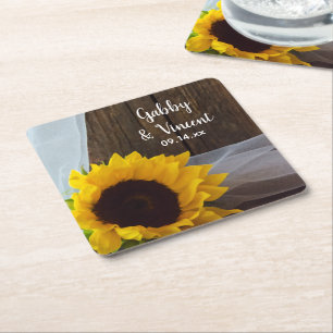 Rustic Yellow Sunflower en Barn Wood Wedding Vierkante Kartonnen Onderzetter