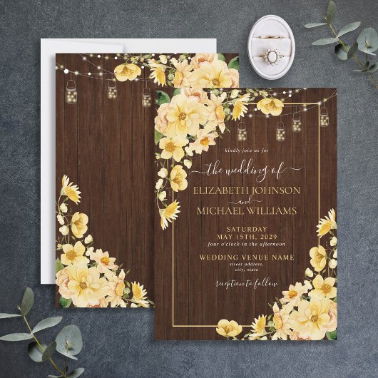Rustic Yellow Wood Script Floral Wedding Kaart