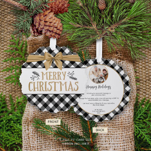 Rustic Zwart Buffalo Plaid Foto Jaaroverzicht Ornament Kaart