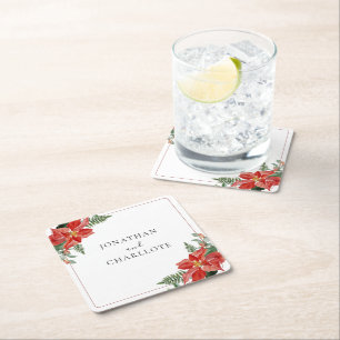 Rusticale winter Poinsettia rode kersttrouw Vierkante Kartonnen Onderzetter