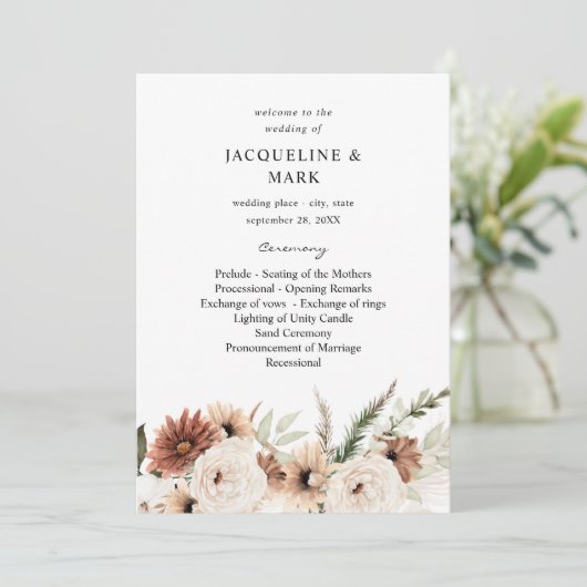 RusticNeutral Boho Floral Wedding Ceremony Program Kaart (Staand voorkant)