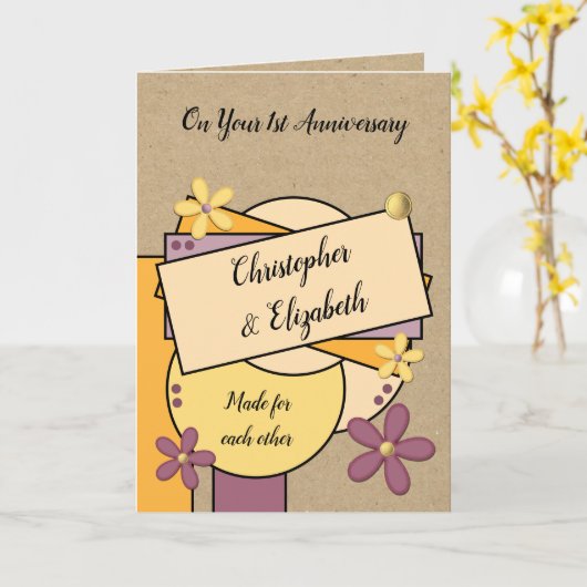 Rustiek 1e Jubileum gemaakt voor elkaar paarse Kaart (Gele Bloem)