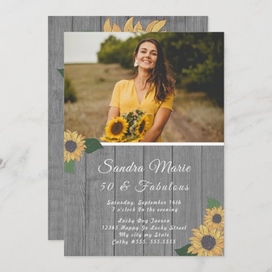 Rustiek 50 en Fabulous | Zonnebloem Grijs Verjaard Kaart (Voorkant / Achterkant)