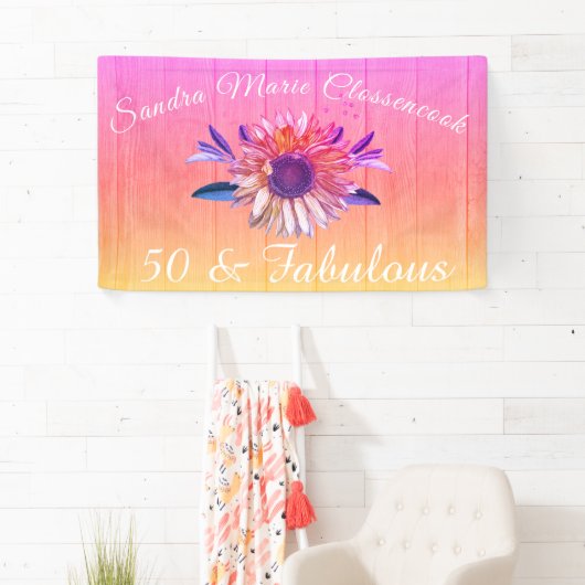 Rustiek 50 en Fabulous | Zonnebloem Regenboog Spandoek (Insitu)