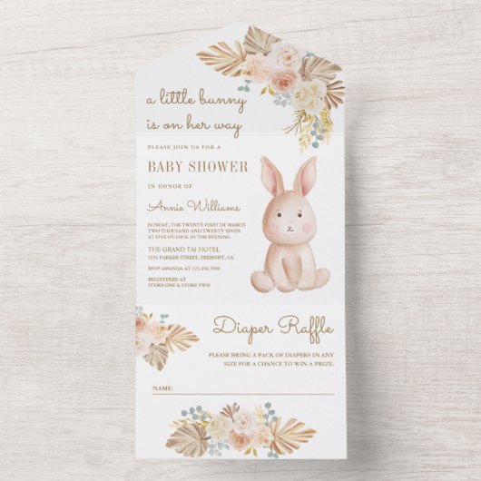 Rustiek aardeachtig bloemig Boho konijnenkonijn Ba All In One Uitnodiging (Binnen)