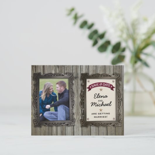 Rustiek Afbeelding Lijsten Fotobruiloft Save the D Aankondigingskaart (Staand voorkant)
