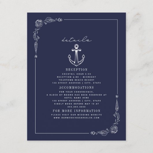 Rustiek Anker Donkerblauw Strand Bruiloft Details Informatiekaartje (Voorkant)