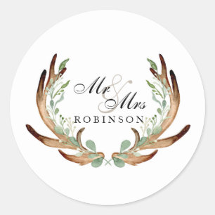 Rustiek Antler en wijnstok Waterverf Mr & Mrs Ronde Sticker