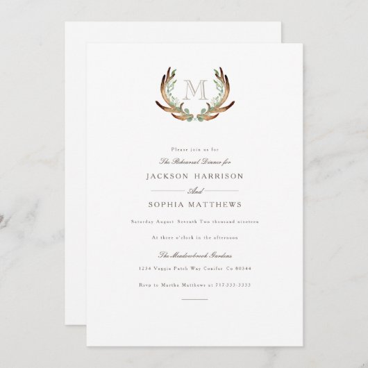 Rustiek Antler & Initiaal bruiloft uitnodigen Kaart (Voorkant / Achterkant)