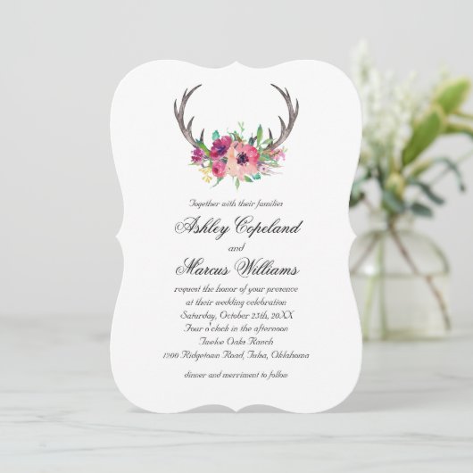 Rustiek Antlers Boho Bloemen Allure Bruiloft Kaart (Staand voorkant)