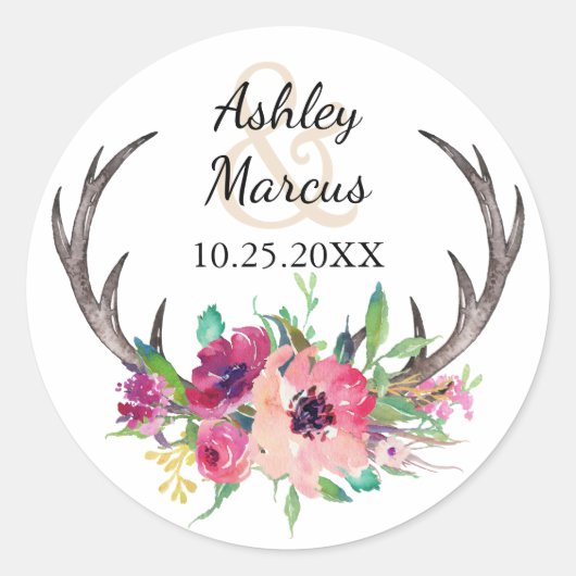 Rustiek Antlers Boho Bloemen Allure Bruiloft Ronde Sticker (Voorkant)