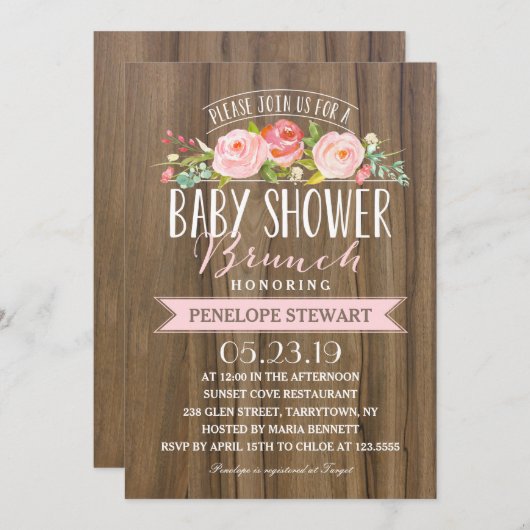 rustiek Baby shower | Baby shower Invitation Pink Kaart (Voorkant / Achterkant)