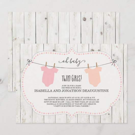 Rustiek Baby shower voor Twin Girls Kaart (Voorkant / Achterkant)