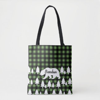 Rustiek Beer Bos & Groen Plaid met Naam Tote Bag