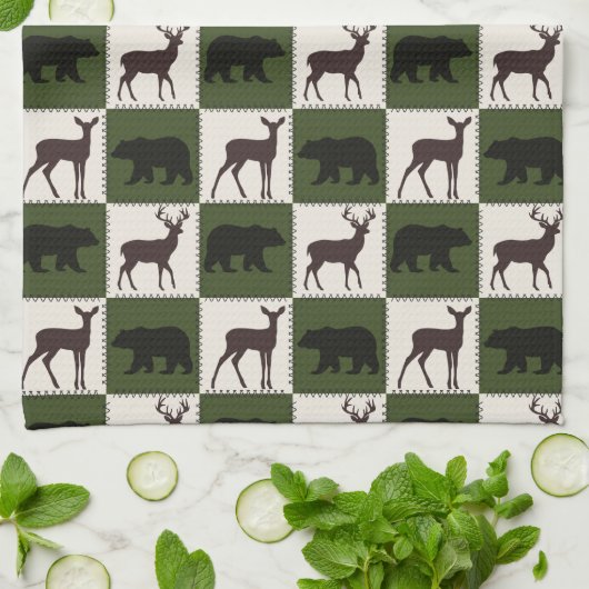 Rustiek Beer & Herten, Donkergroen & Cream Squares Theedoek (Gevouwen)