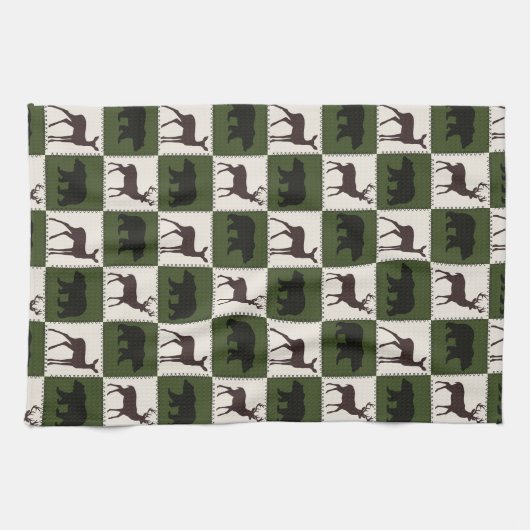 Rustiek Beer & Herten, Donkergroen & Cream Squares Theedoek (Horizontaal)