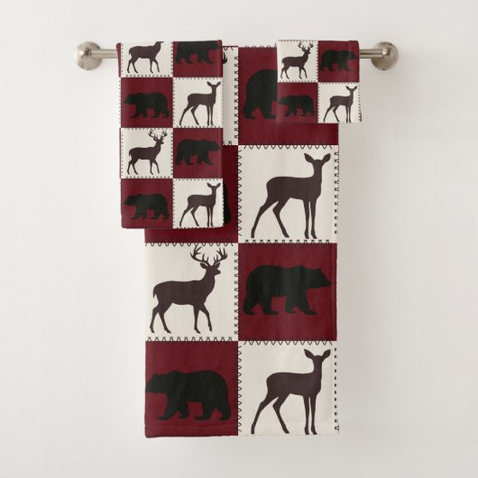 Rustiek Beer & Herten, Donkerrood & Cream Squares Bad Handdoek (Insitu)