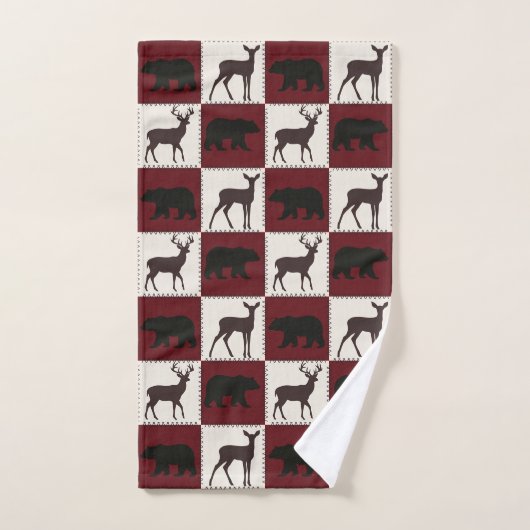 Rustiek Beer & Herten, Donkerrood & Cream Squares Bad Handdoek (Handdoek)