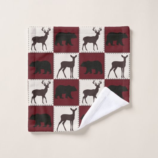 Rustiek Beer & Herten, Donkerrood & Cream Squares Bad Handdoek (Wasdoekje)