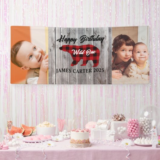 Rustiek Beer Wild One Boy 1st Birthday Party Foto Spandoek (Feest)
