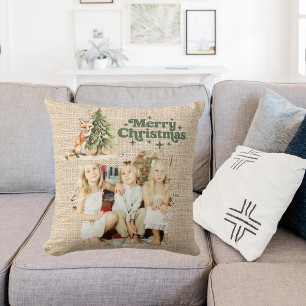 Rustiek beige jute foto vossenboom groen Kerstmis Kussen
