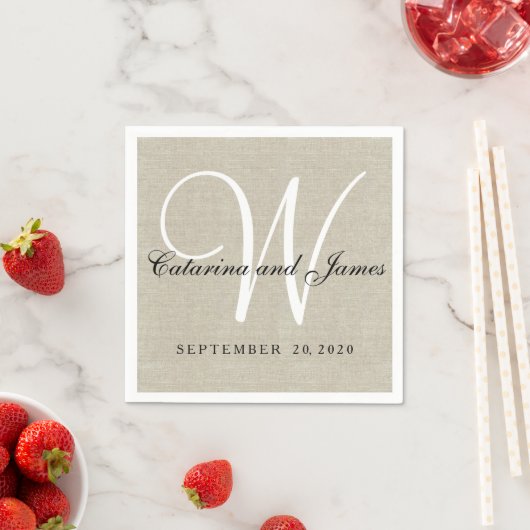 Rustiek Beige Linnen Monogram Trouwpapier Servette Servetten (Insitu)