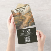 Rustiek Bergbos Evergreen Bruiloft QR Code All In One Uitnodiging (Afscheurbaar)