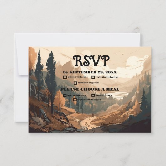 Rustiek Bergbos Evergreen Bruiloft RSVP Kaartje (Voorkant)