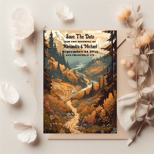 Rustiek Bergbos Evergreen Bruiloft Save The Date