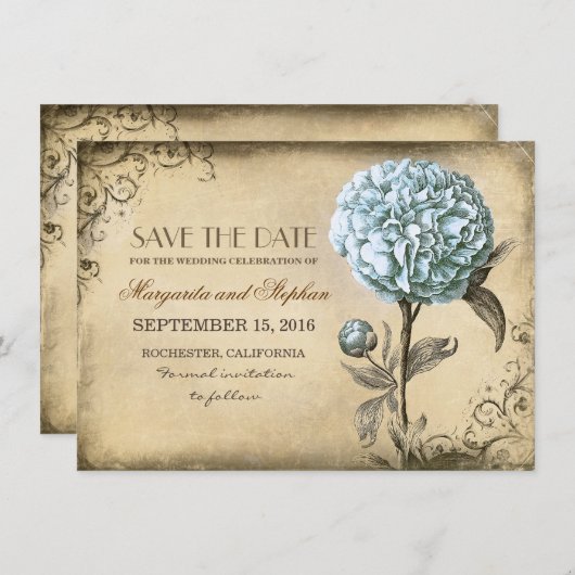 rustiek Bewaar de datumkaart met Blue Peony Save The Date (Voorkant / Achterkant)
