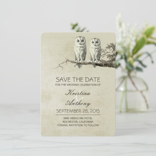 rustiek bewaar de datumkaarten met OWL paar Save The Date (Staand voorkant)