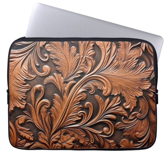 Rustiek bewerkt leer laptop sleeve (Voorkant)
