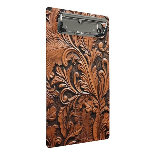 Rustiek bewerkt leer mini klembord (Schuin)