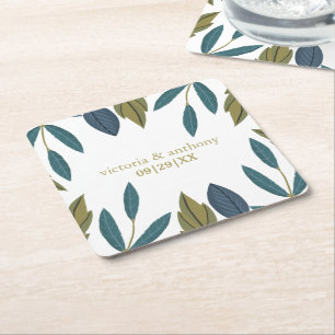 Rustiek blad bloemenbruiloft vierkante kartonnen onderzetter