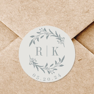 Rustiek Blauw Botanische Krans Trouwmonogram Ronde Sticker