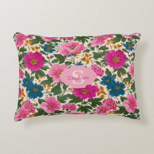 Rustiek Blauw en Roze Bloempatroon Accent Kussen