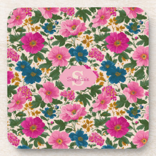 Rustiek Blauw en Roze Bloempatroon Bier Onderzetter