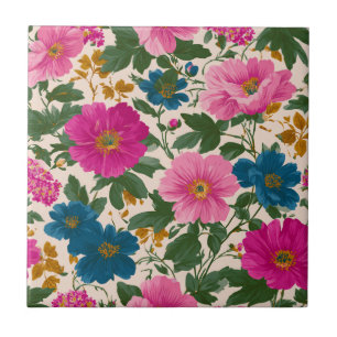 Rustiek Blauw en Roze Bloempatroon Tegeltje