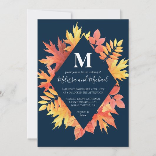 Rustiek blauw en Sinaasappel Fall Leaves Wedding Kaart (Voorkant)