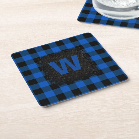 Rustiek blauw en zwart Buffalo Plaid Monogram Vierkante Kartonnen Onderzetter (Schuin)