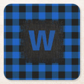 Rustiek blauw en zwart Buffalo Plaid Monogram Vierkante Kartonnen Onderzetter (Voorkant)