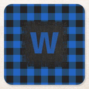 Rustiek blauw en zwart Buffalo Plaid Monogram Vierkante Kartonnen Onderzetter