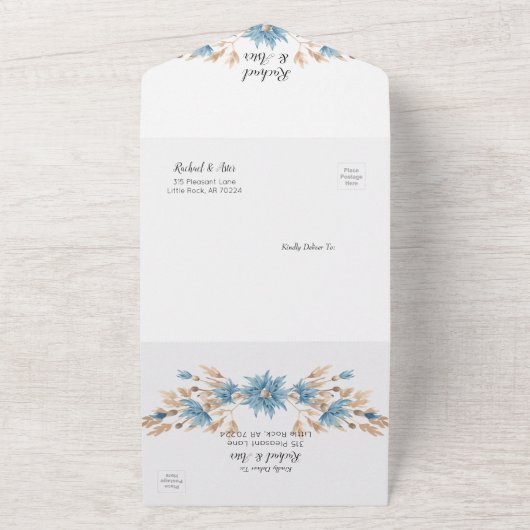 Rustiek Blauw Gedroogde Bloemen Handfasting Weddin All In One Uitnodiging (Buitenkant)