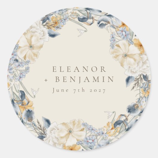 Rustiek Blauw Geel Bloemen Waterverf Boho Bruiloft Ronde Sticker (Voorkant)