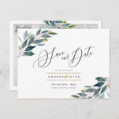 Rustiek Blauw Gom Foliage Save the Date Briefkaart (Voorkant / Achterkant)