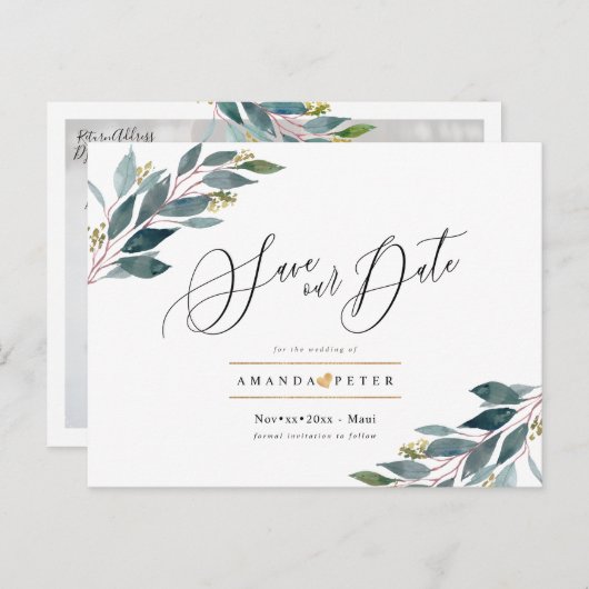 Rustiek Blauw Gom Foliage Save the Date Briefkaart (Voorkant / Achterkant)