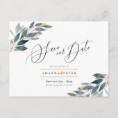 Rustiek Blauw Gom Foliage Save the Date Briefkaart (Voorkant)